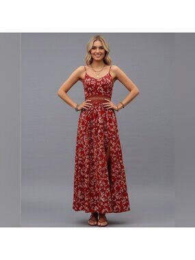 Ditsy Floral Waist Hollow Lace High Slit Dress Red
